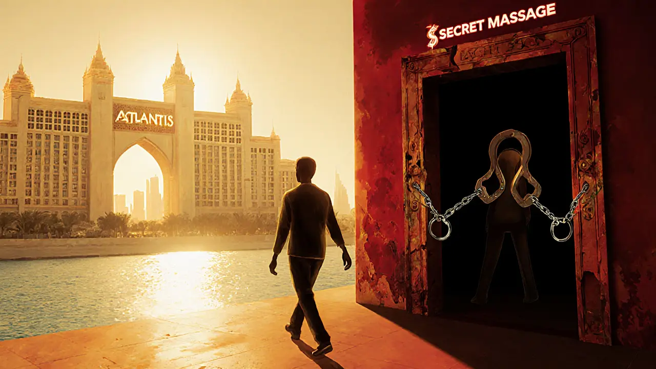 Tourist torn between a safe, glowing spa and a dangerous hidden door with handcuffs.