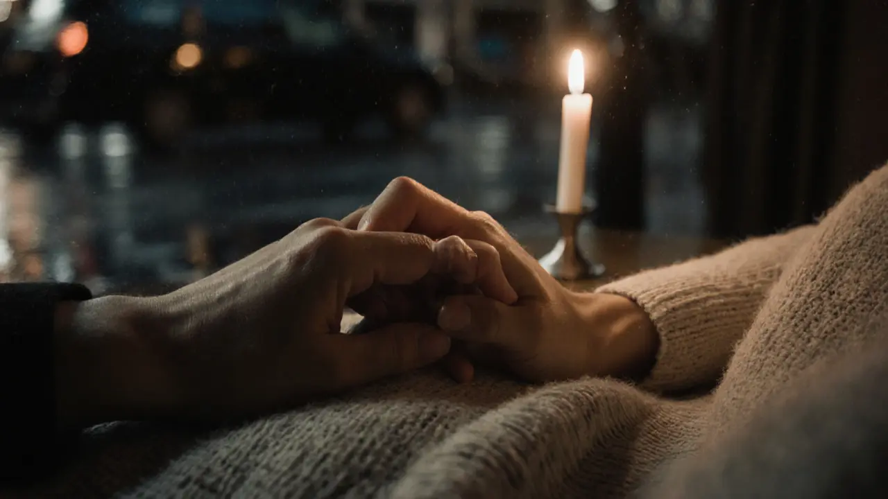 Two hands gently holding each other on a soft blanket, symbolizing connection and safety.