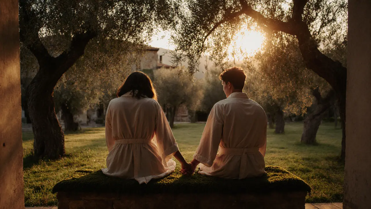 Two individuals sitting silently on a garden bench, holding hands in peaceful connection, surrounded by olive trees at golden hour.