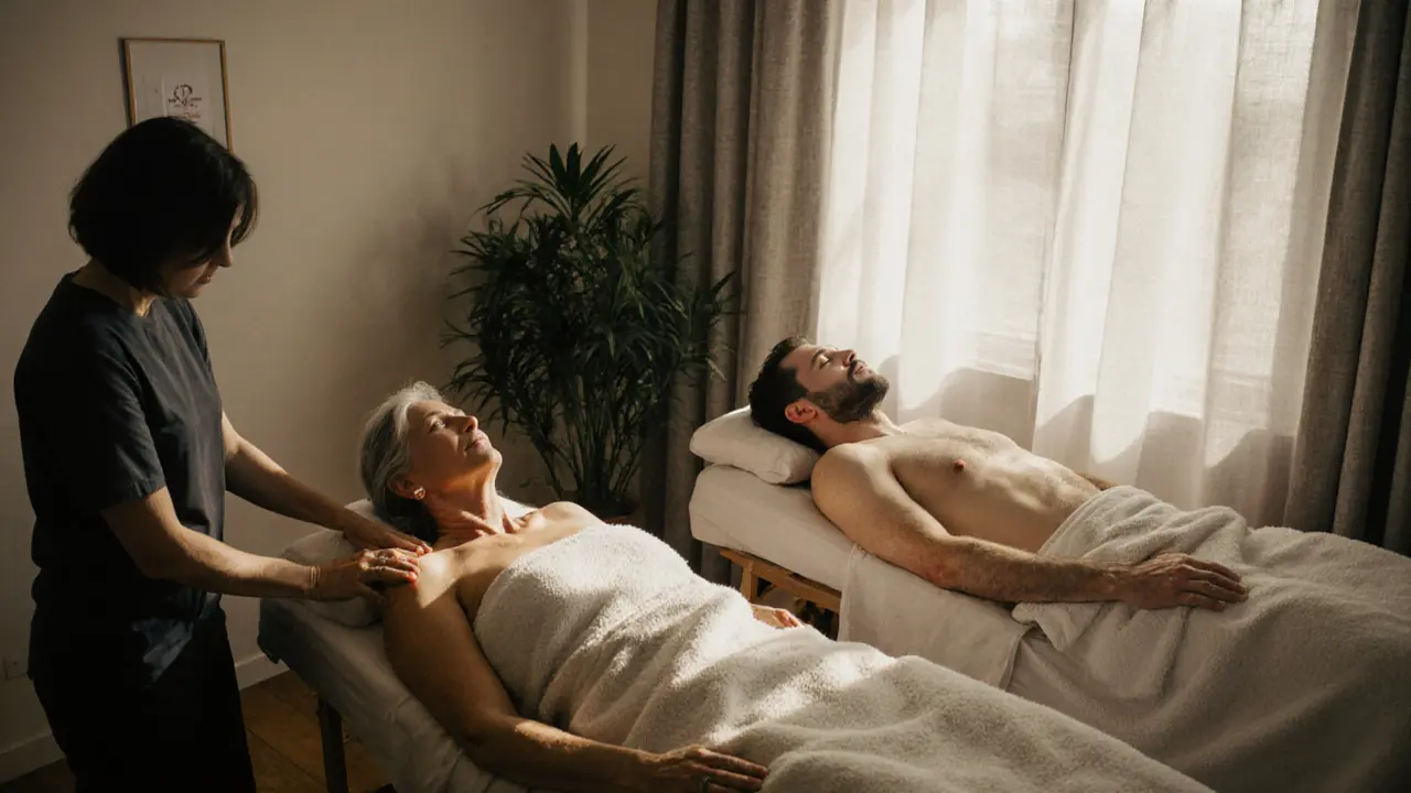 Two people receiving sensual massage side by side in a peaceful wellness center, surrounded by natural light.
