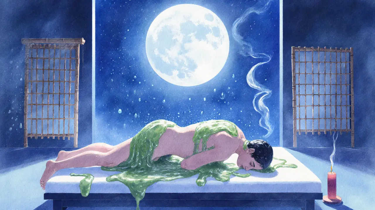 Two silhouettes in a Nuru massage, gliding together in seaweed gel under soft blue light.