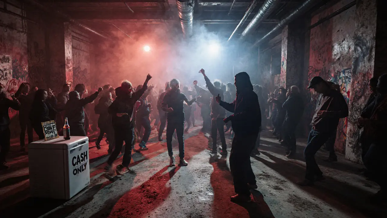 Underground warehouse party with dancers under strobe lights in an industrial space.