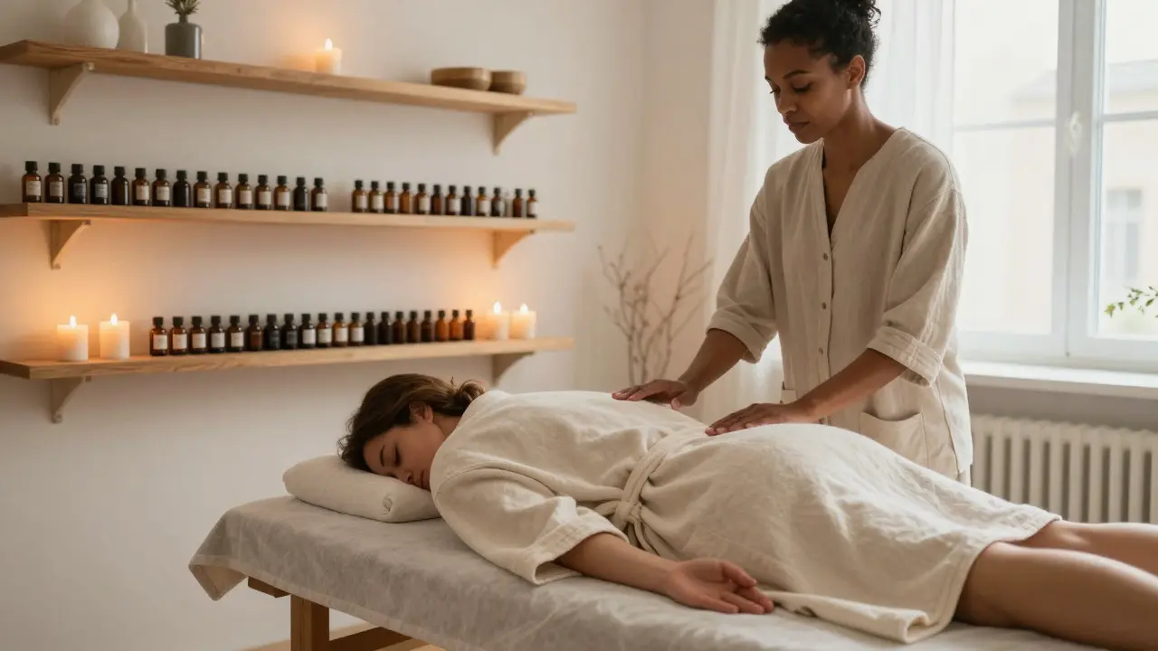 A client lies still in a candlelit modern Berlin studio, practitioner nearby, hands hovering—calm, quiet, and healing.