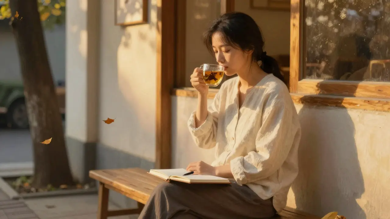 A client sitting peacefully outside a studio after a session, sipping tea in golden hour light.