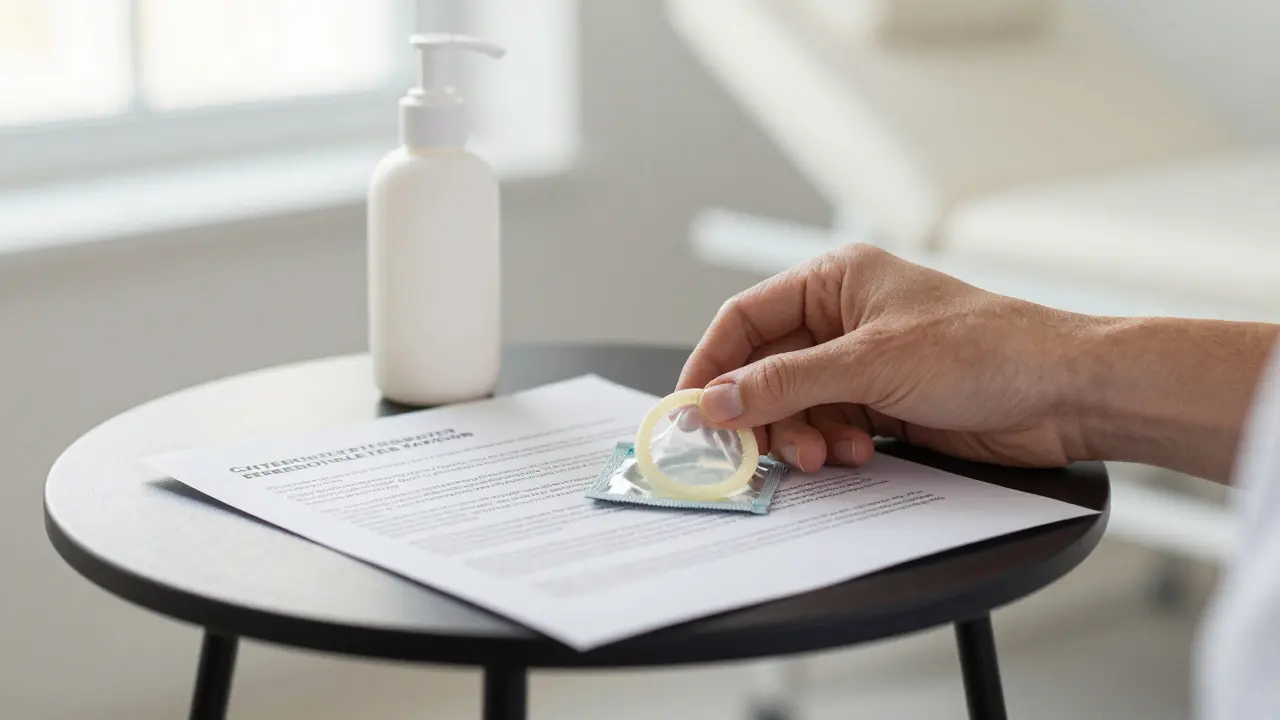A condom and consent form placed on a table beside lotion, symbolizing safety and preparedness.