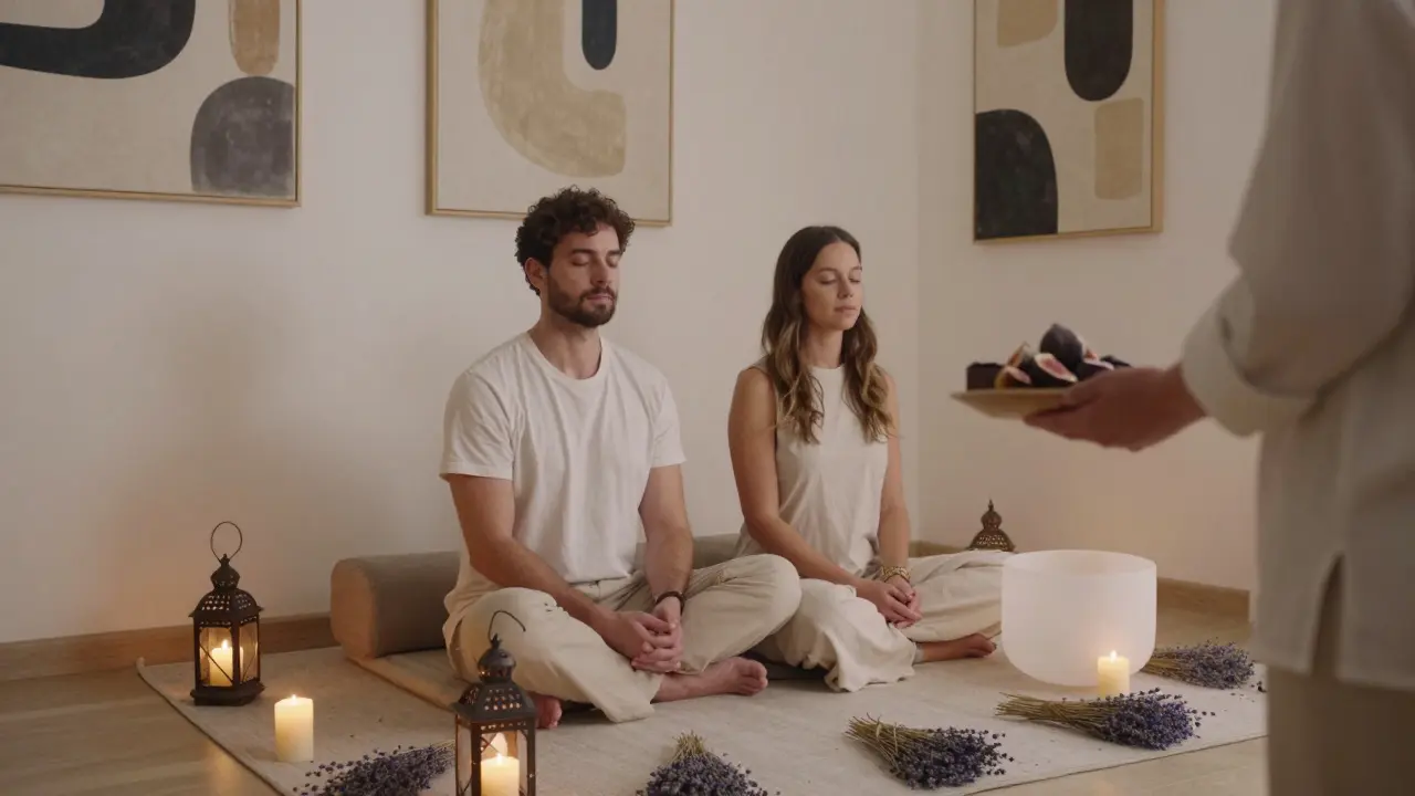 A couple sits peacefully together, hands clasped, in a serene spa room with lanterns and dried lavender, receiving aftercare.