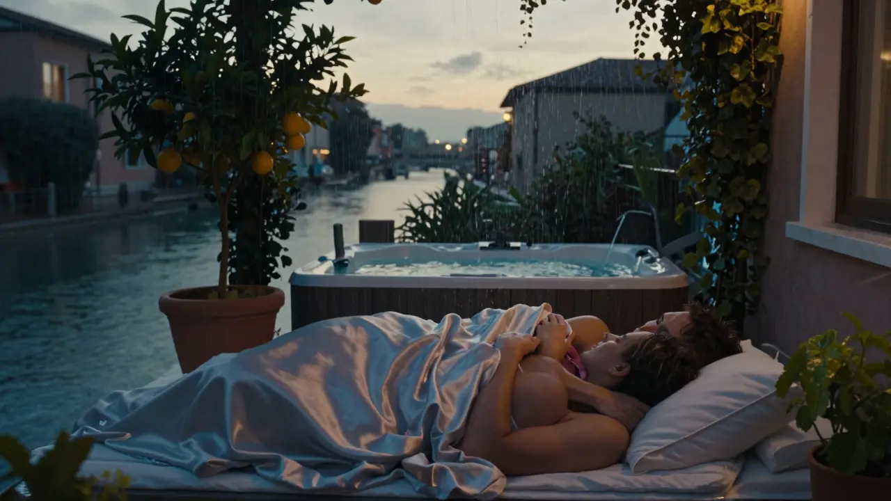 A couple wrapped in silk blankets shares a quiet rain shower on a private canal terrace at dusk in Milan.