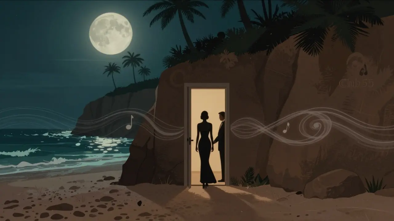 A hidden beach club entrance at night, a woman in evening wear being admitted under moonlight with ocean waves in the background.