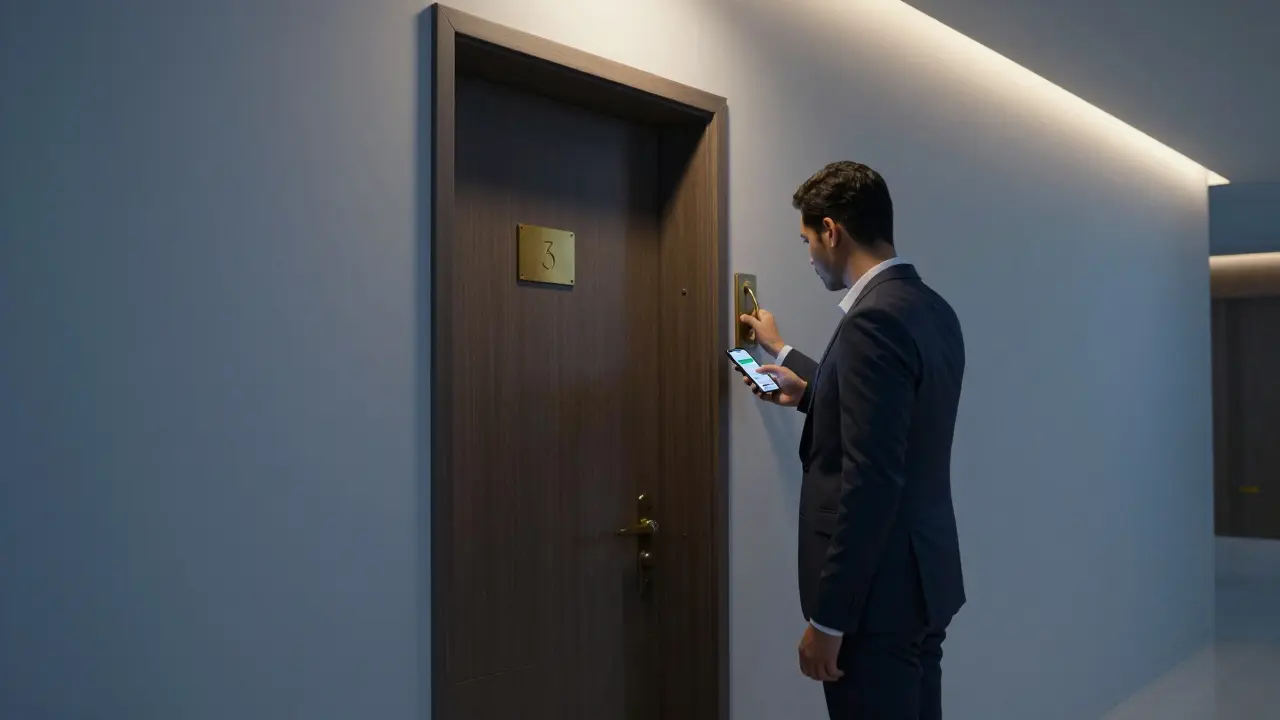 A hidden entrance to a luxury massage parlor in a modern Abu Dhabi building at dusk.