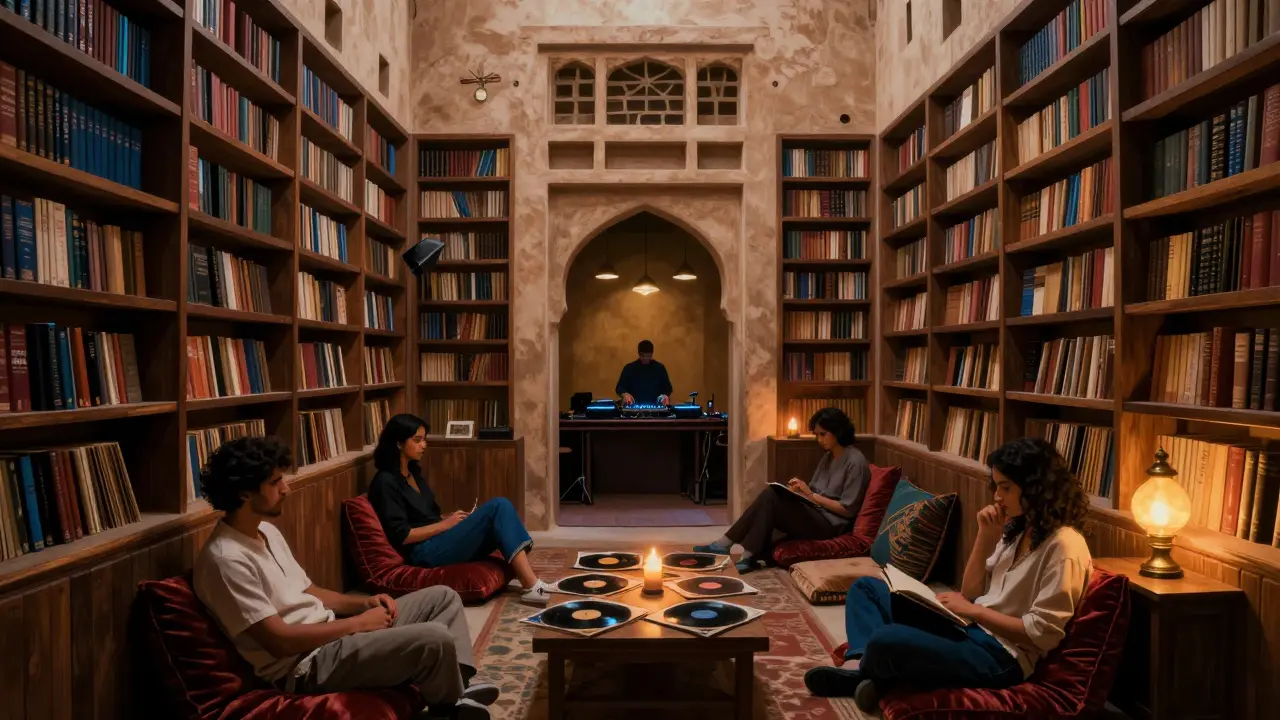 A hidden library backroom with vinyl records and jazz patrons under soft lantern light.