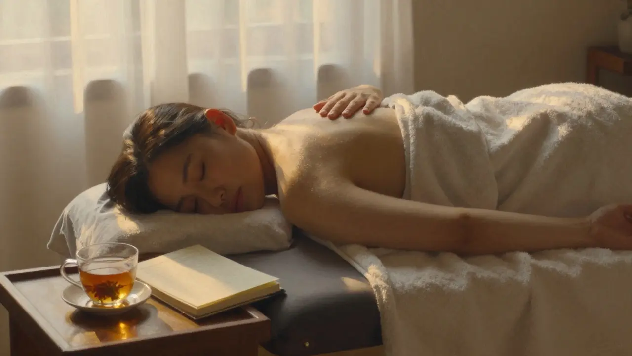 A person asleep on a massage table, covered by a towel, with tea and a journal beside them in golden afternoon light.