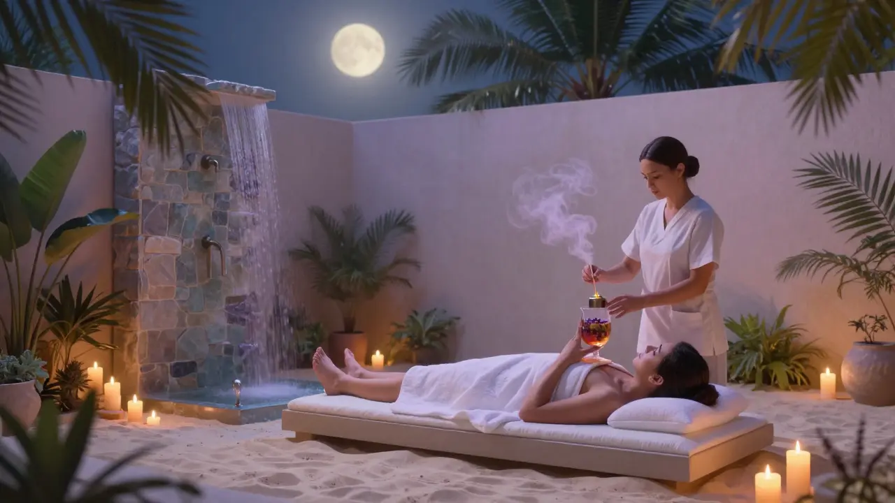 A private garden relaxation space with sand floors, candles, and a client sipping herbal tea under moonlight.