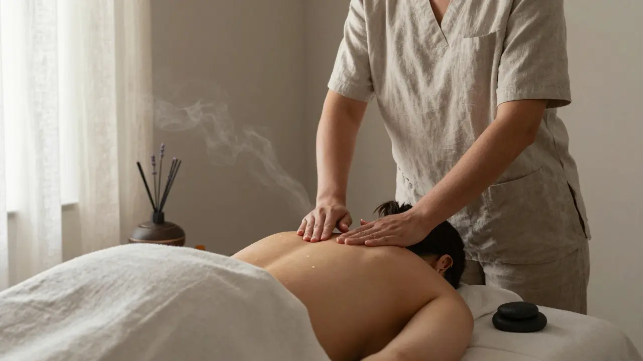 A professional therapist applying oil to a client's back in a calm, minimalist massage room.