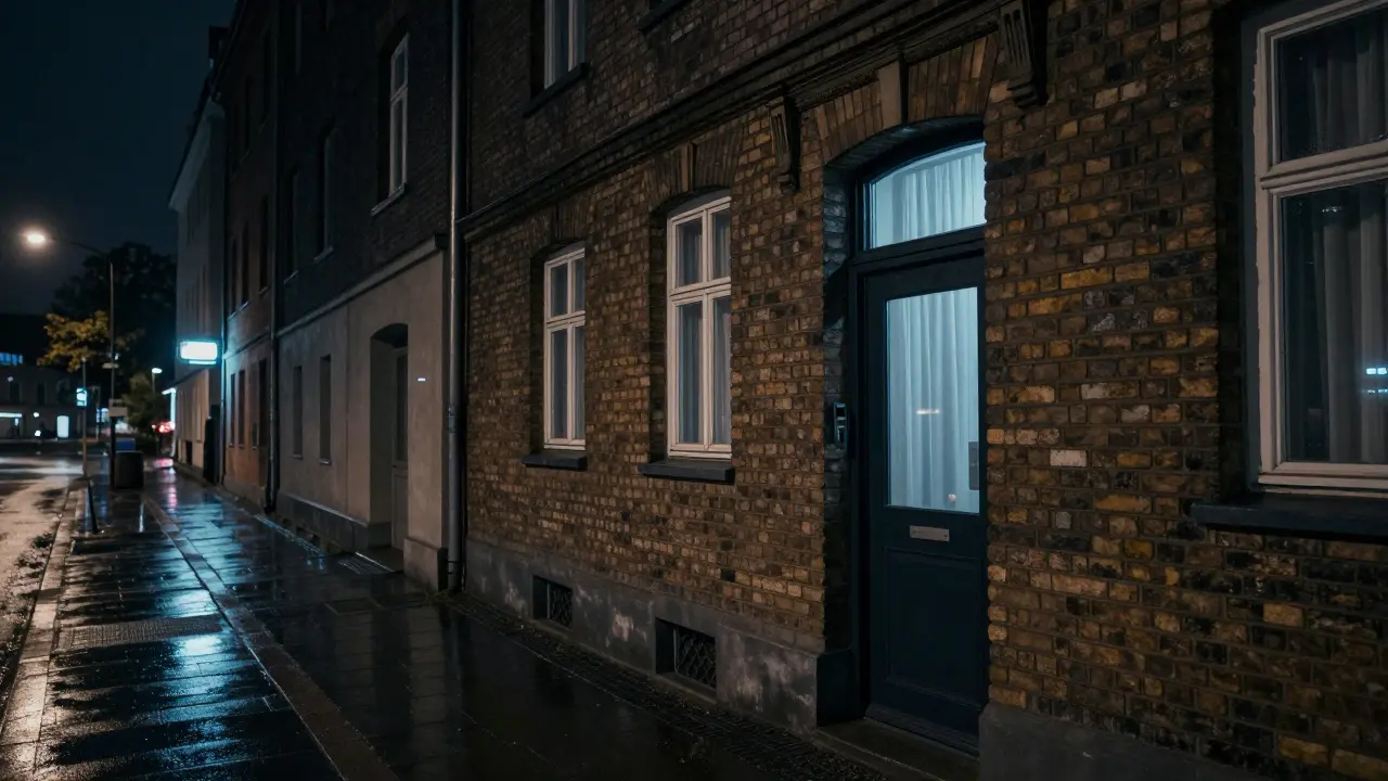 A quiet Berlin street at night with an unmarked door and subtle glow from within.