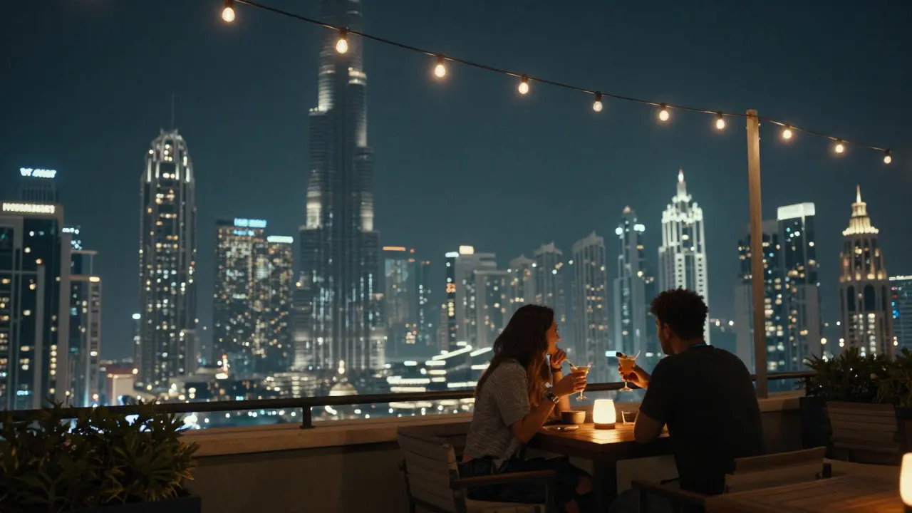 A quiet rooftop terrace with city lights in the distance and two people sharing a drink.