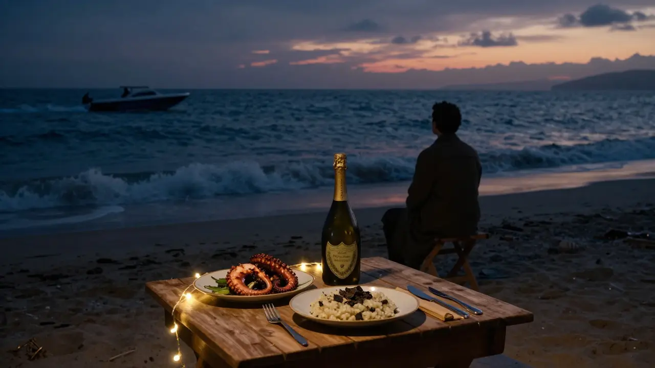 A secluded beach at dawn with a lone table set for dinner, waves rolling in, a silent figure watching the sunrise.