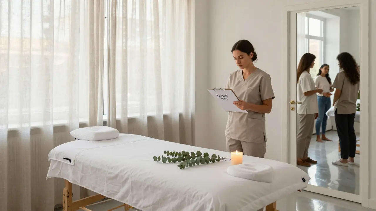 A serene modern London wellness studio at dawn, with a therapist standing by a clean white massage table under soft natural light.
