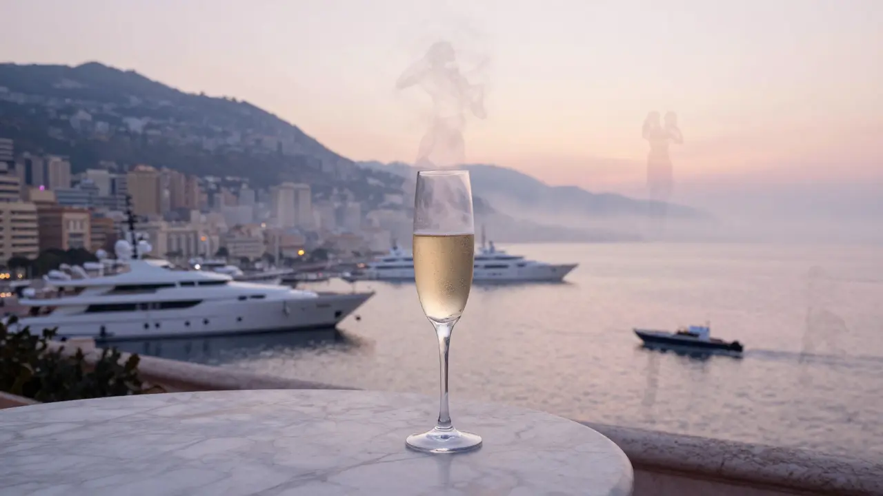 A single champagne flute on a terrace at sunrise, ghostly silhouettes fading away as Monaco wakes up after the party.