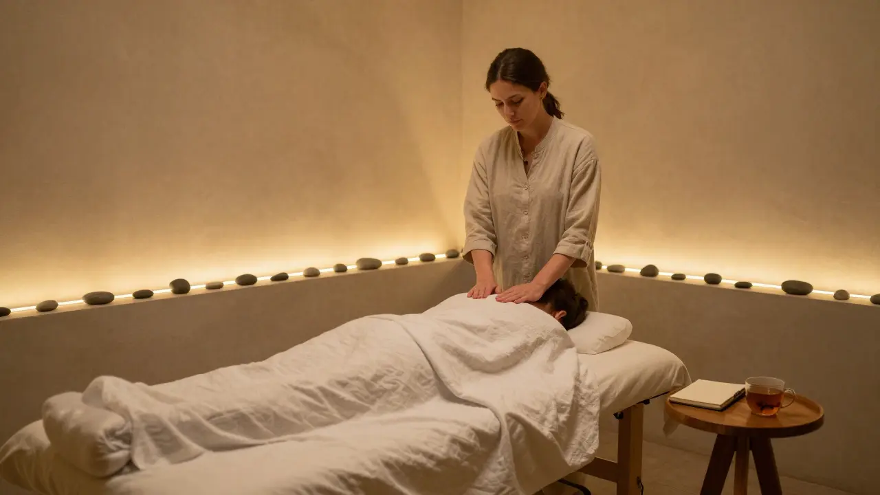 A soundproofed private room in a historic palace where a client rests peacefully on a massage table, surrounded by calm and warmth.