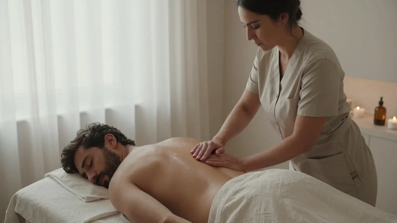 A therapist guides a woman's hand to apply oil on her partner's back during a private couples' session.