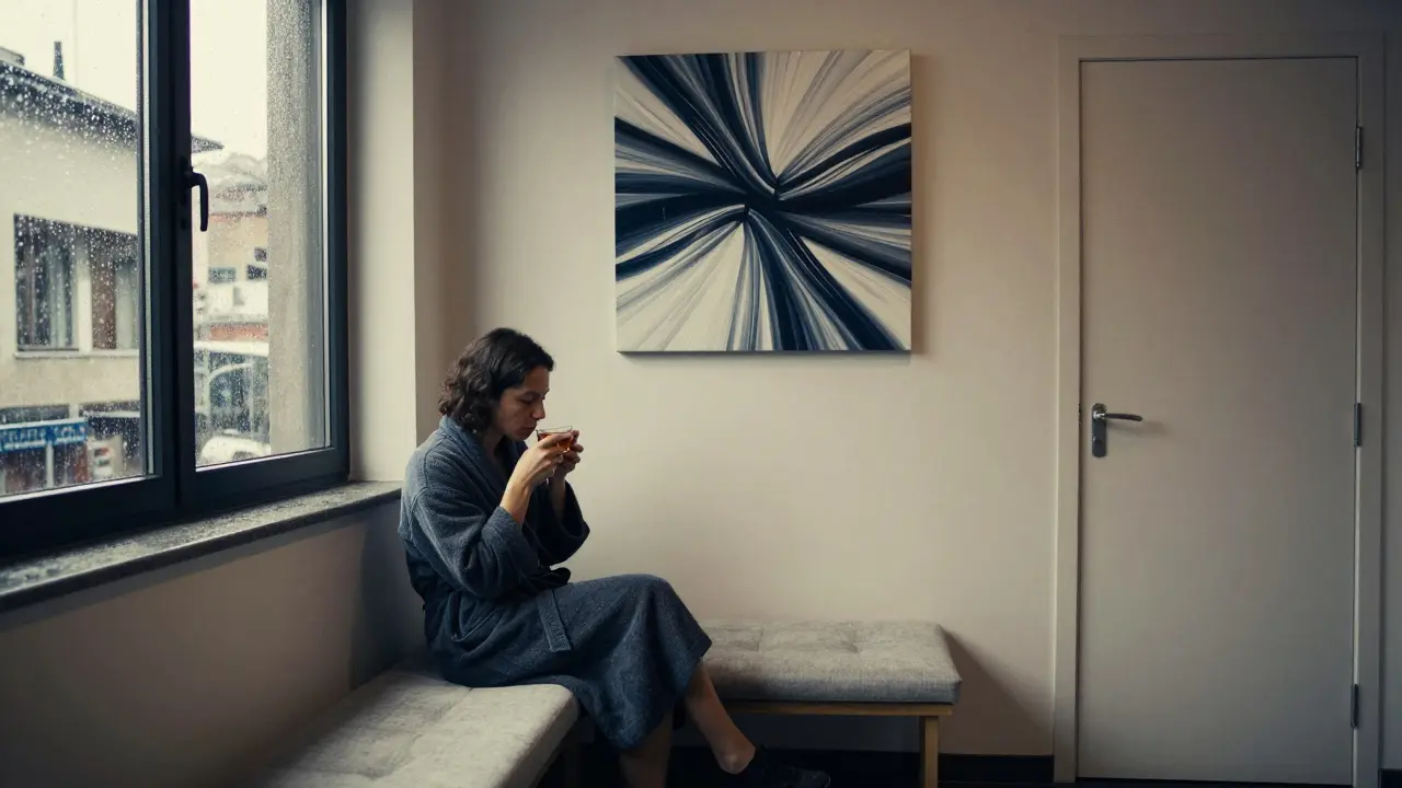 A woman sits quietly with tea in a peaceful waiting room, rain outside, embodying calm and safety before a tantric session.