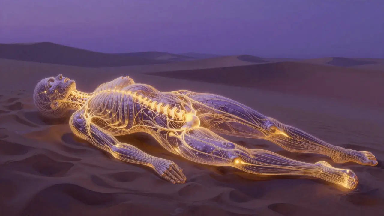 Abstract glowing nervous system connected to a human form, symbolizing healing through touch.
