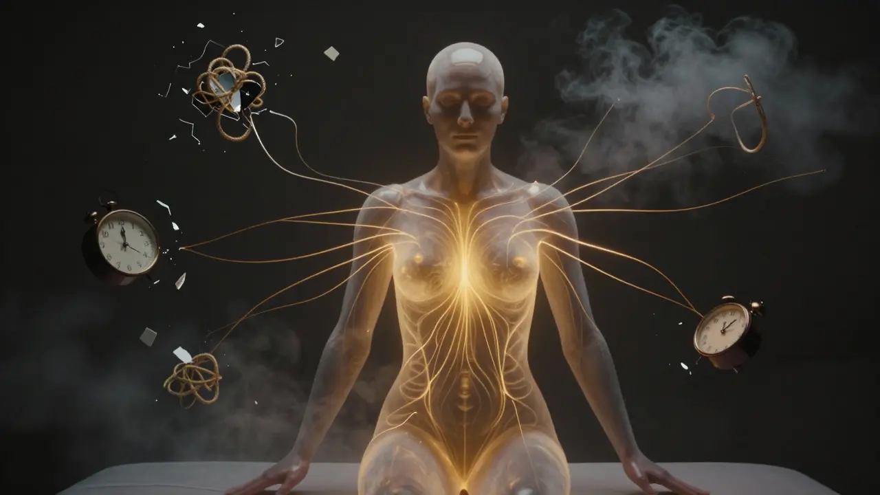 An abstract depiction of emotional and physical tension dissolving into warm, healing light during bodywork.