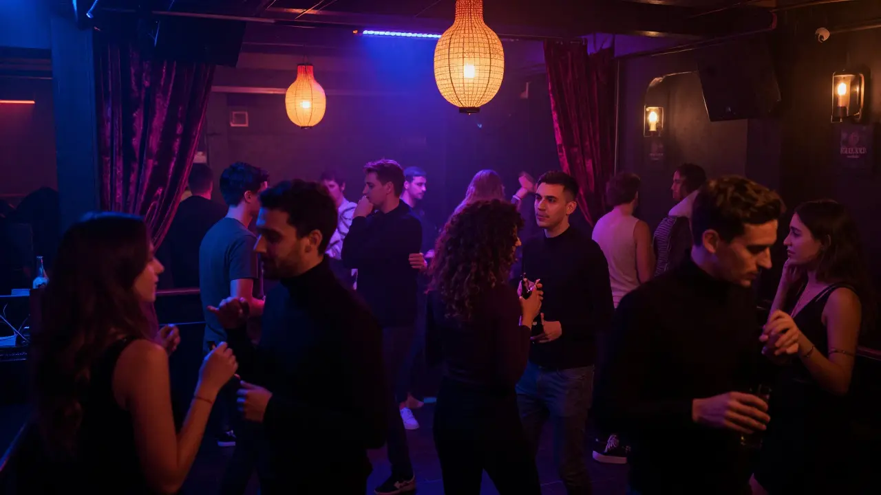 An underground club lit by colored lights, where people dance freely in the dark without showing off.