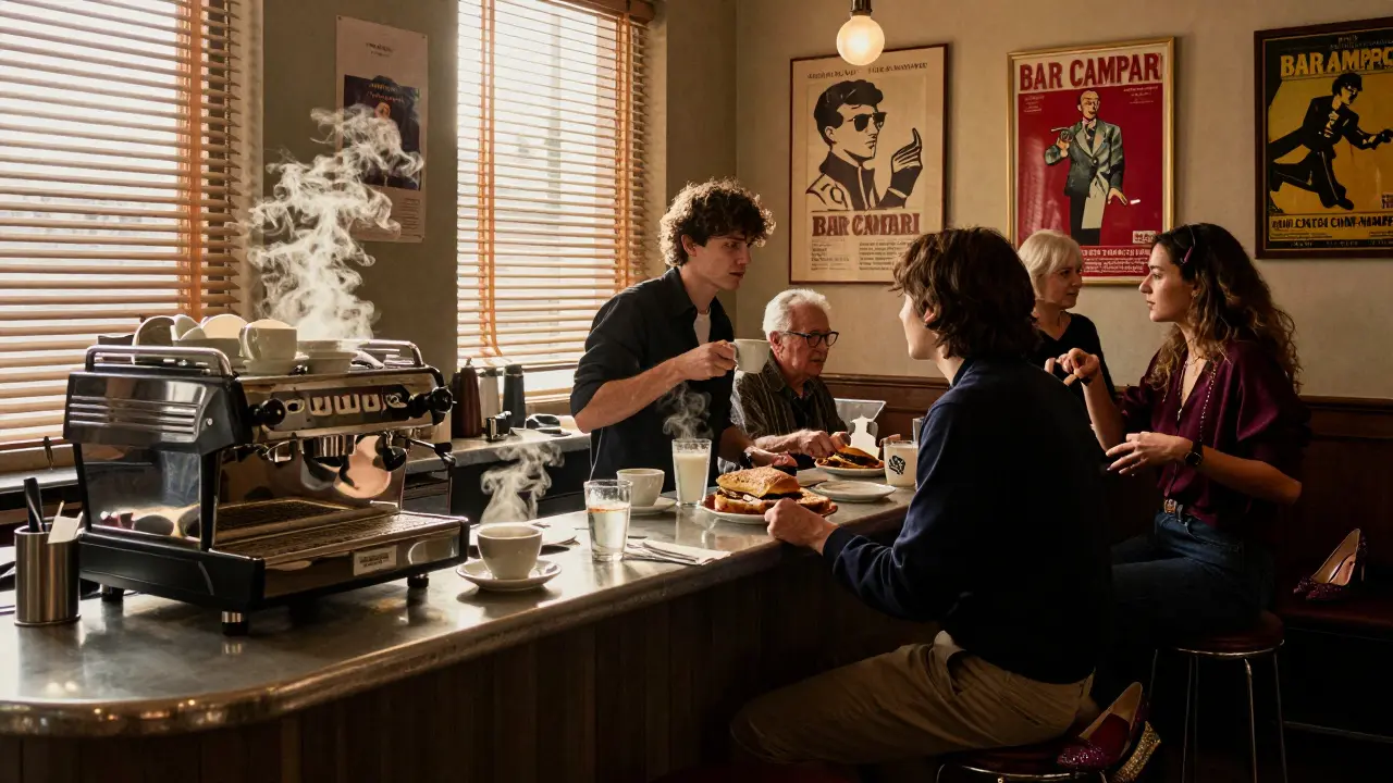 Bar Campari at dawn, locals chatting over coffee after a night out.