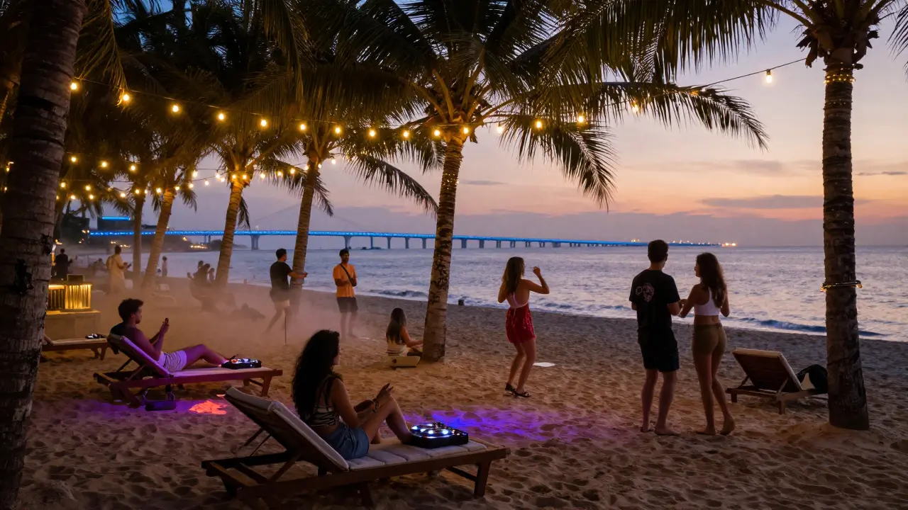 Beach club at night with fairy lights, ocean backdrop, and guests dancing softly under palm trees.
