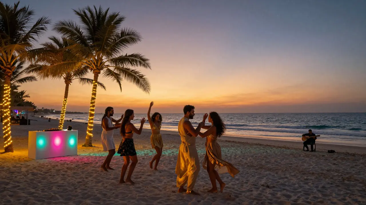 Beach party at dusk, people dancing barefoot on sand under string lights, ocean waves and palm trees in the background.