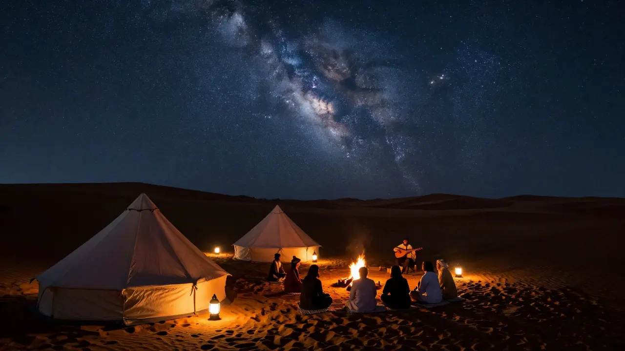 Desert camp under a star-filled sky with lanterns and a Bedouin fire.