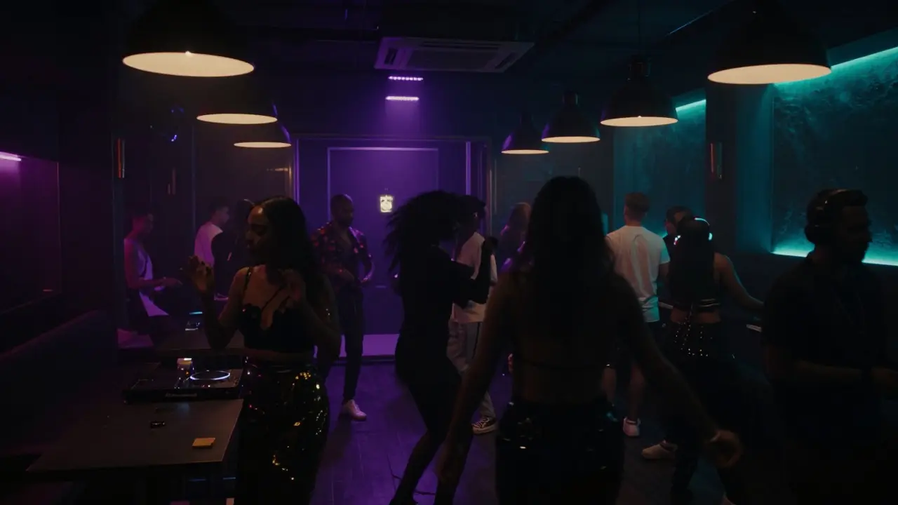 Dim underground club with dancers under neon lights and a discreet entrance.