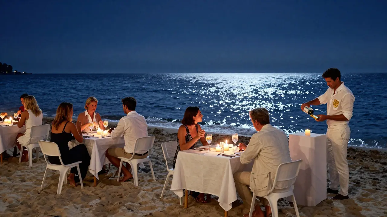 Elegant beachside tables at Le Club 55 illuminated by candles, guests barefoot on sand under starlit skies.