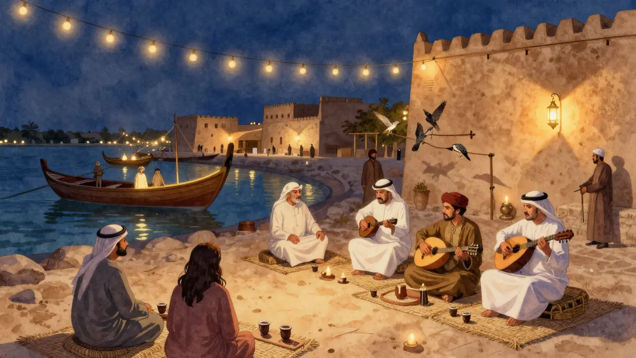 Heritage Village at night with glowing dhows, lanterns, and traditional music.