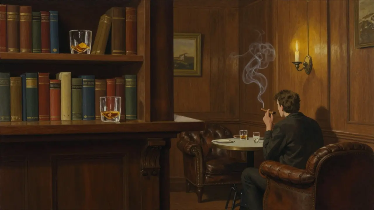 Hidden bar behind a bookshelf with candlelight, whiskey glasses, and a quiet patron in a cozy interior.