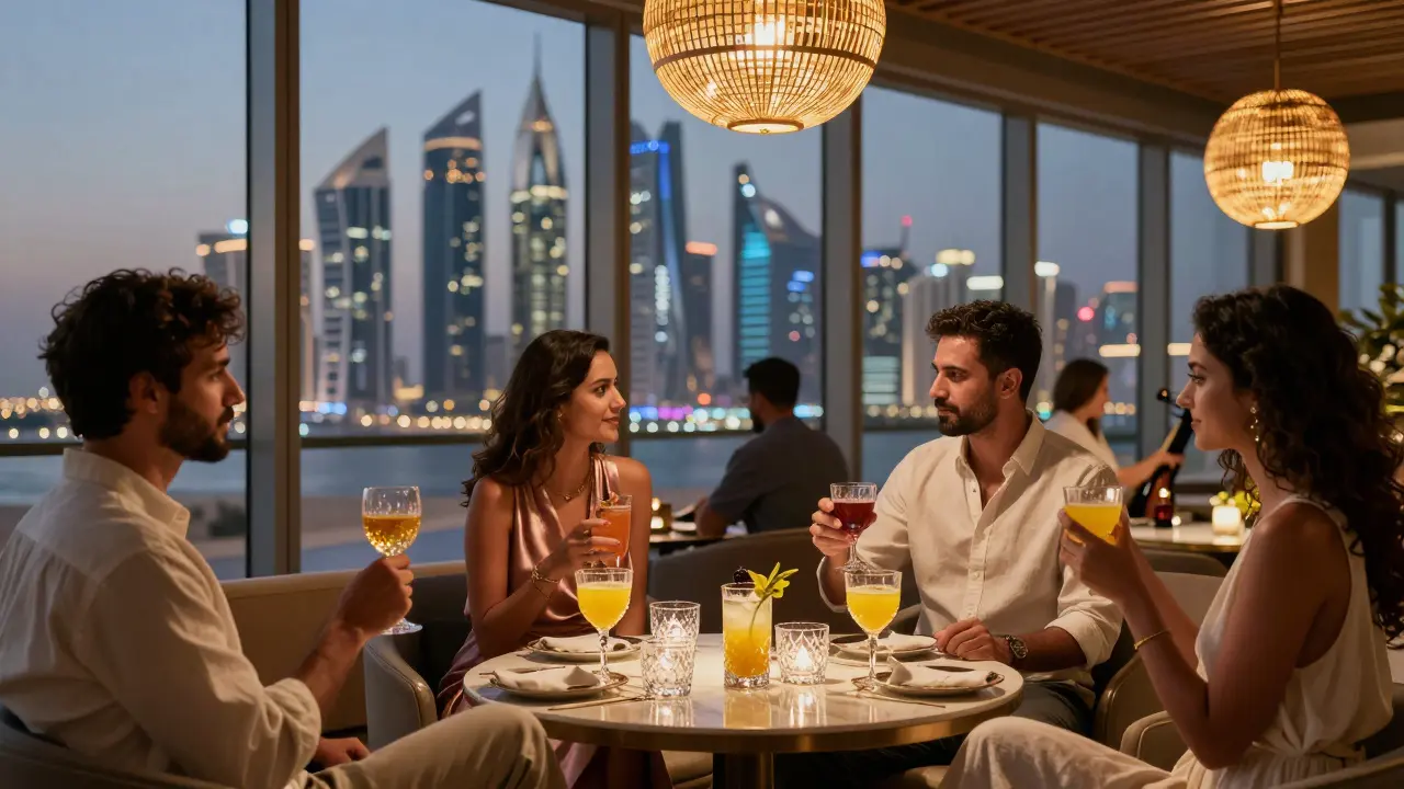 Luxurious rooftop lounge with skyline view, guests sipping cocktails in elegant attire at twilight.