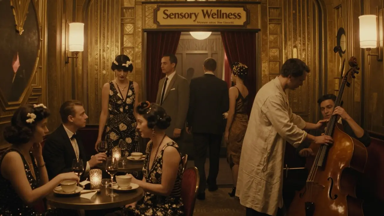 Patrons enter a discreet wellness room in a Weimar-era Berlin cabaret, marked with German and French signs under golden lamplight.