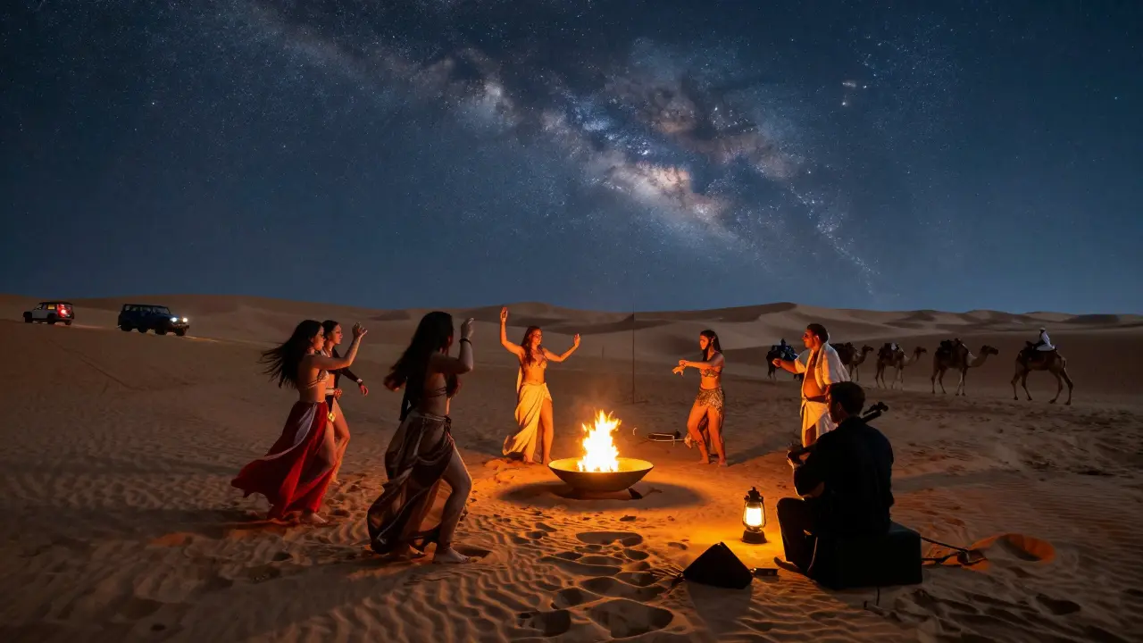 People dancing around fire pits under a starry desert sky at Al Maha Resort.