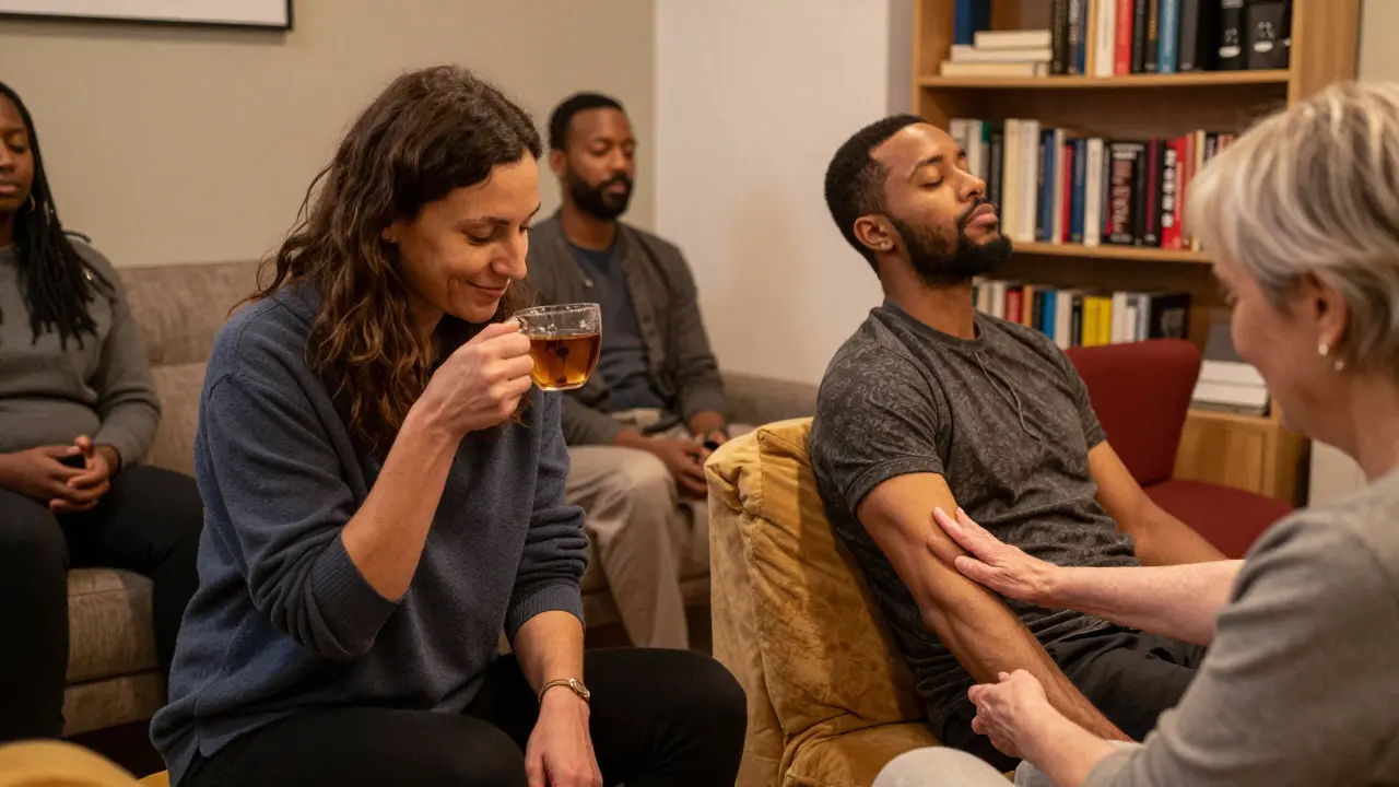 People quietly recovering after a therapeutic session, drinking tea and reconnecting with themselves in a peaceful space.