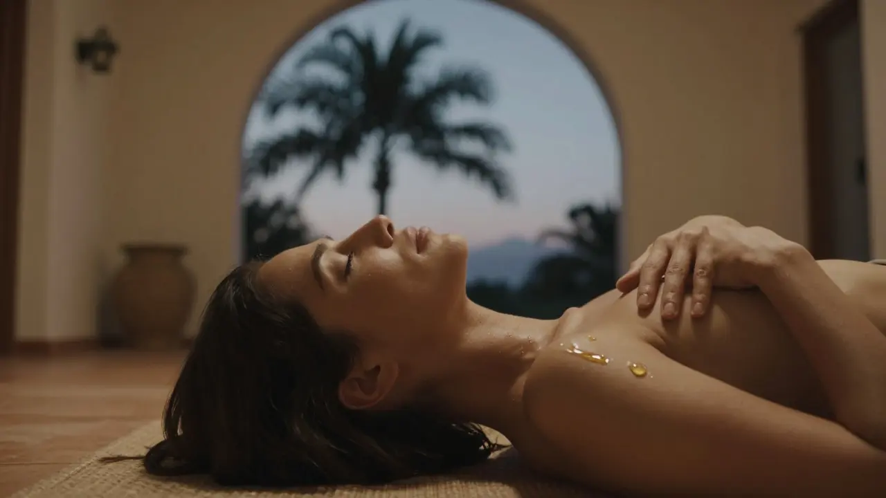 Person lying peacefully after a session, bathed in soft twilight light.