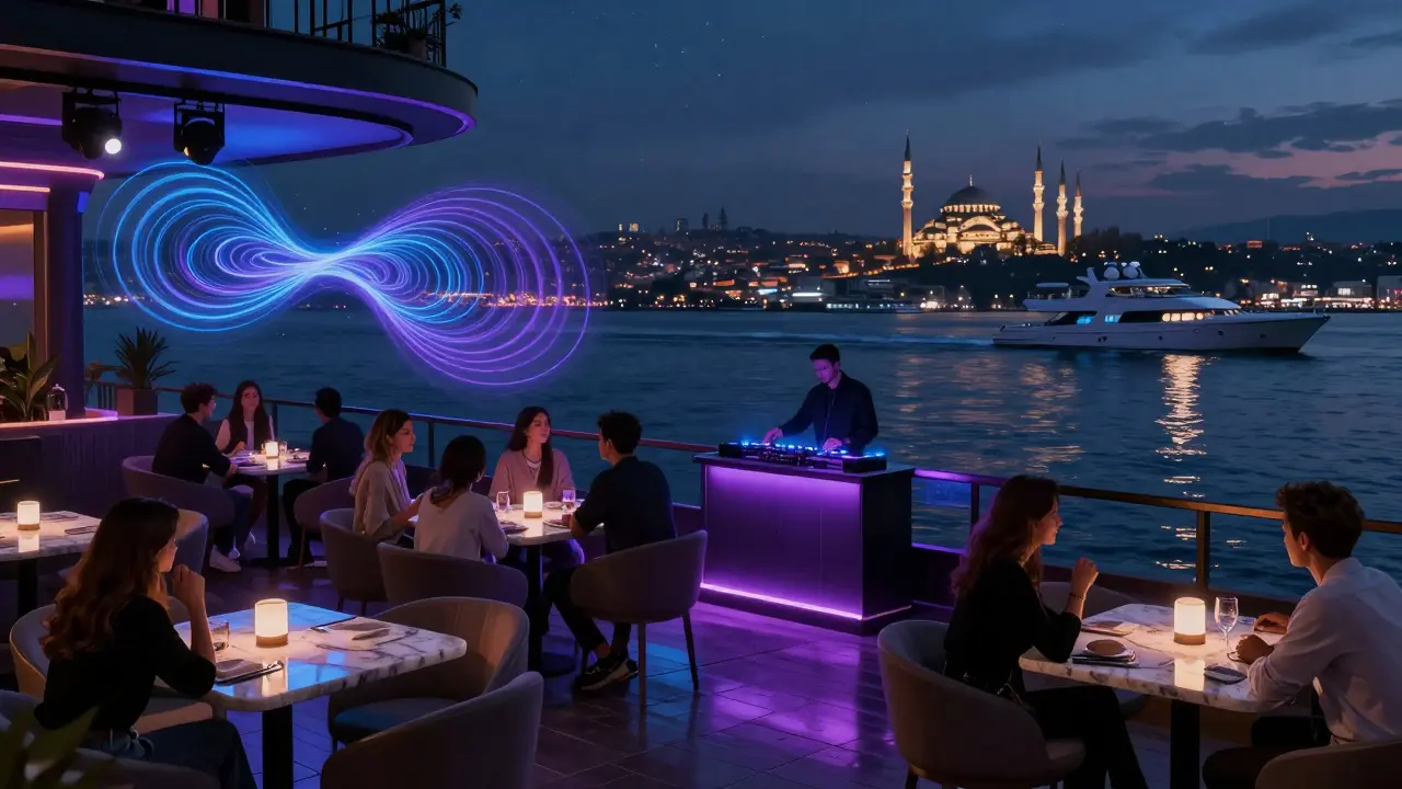 Reina nightclub on the Bosphorus, guests dining with city lights and water reflections.