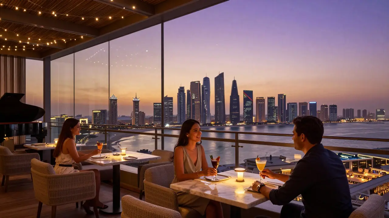 Rooftop bar at sunset with panoramic city views and elegant cocktails.