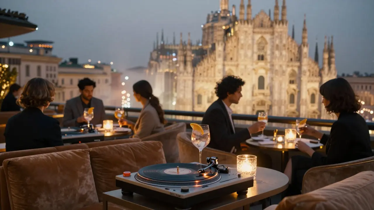 Rooftop lounge at night overlooking Milan's skyline with guests sipping drinks under warm golden lights.