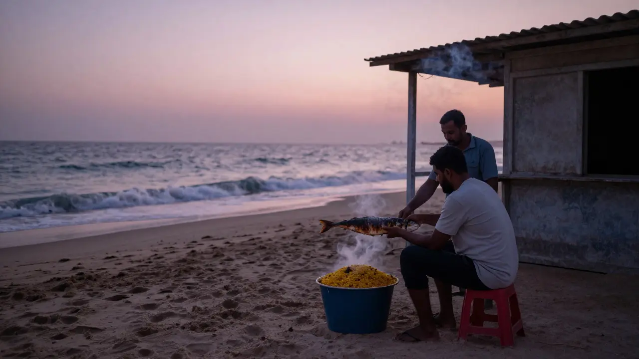 Seafood shack by the water at dawn, serving grilled fish to a diner on the sand with calm ocean behind.