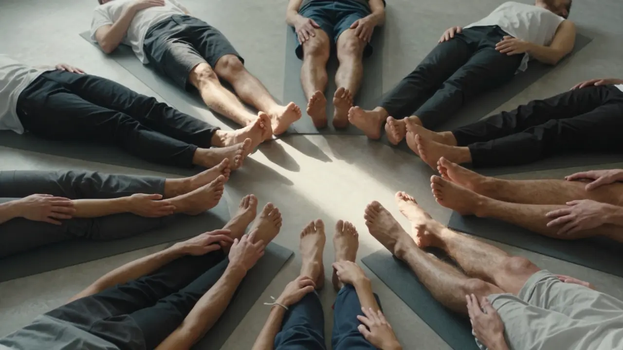 Silent touch circle in Berlin with seven people gently touching each other in a circle, no faces shown, only hands and fabric in soft morning light.