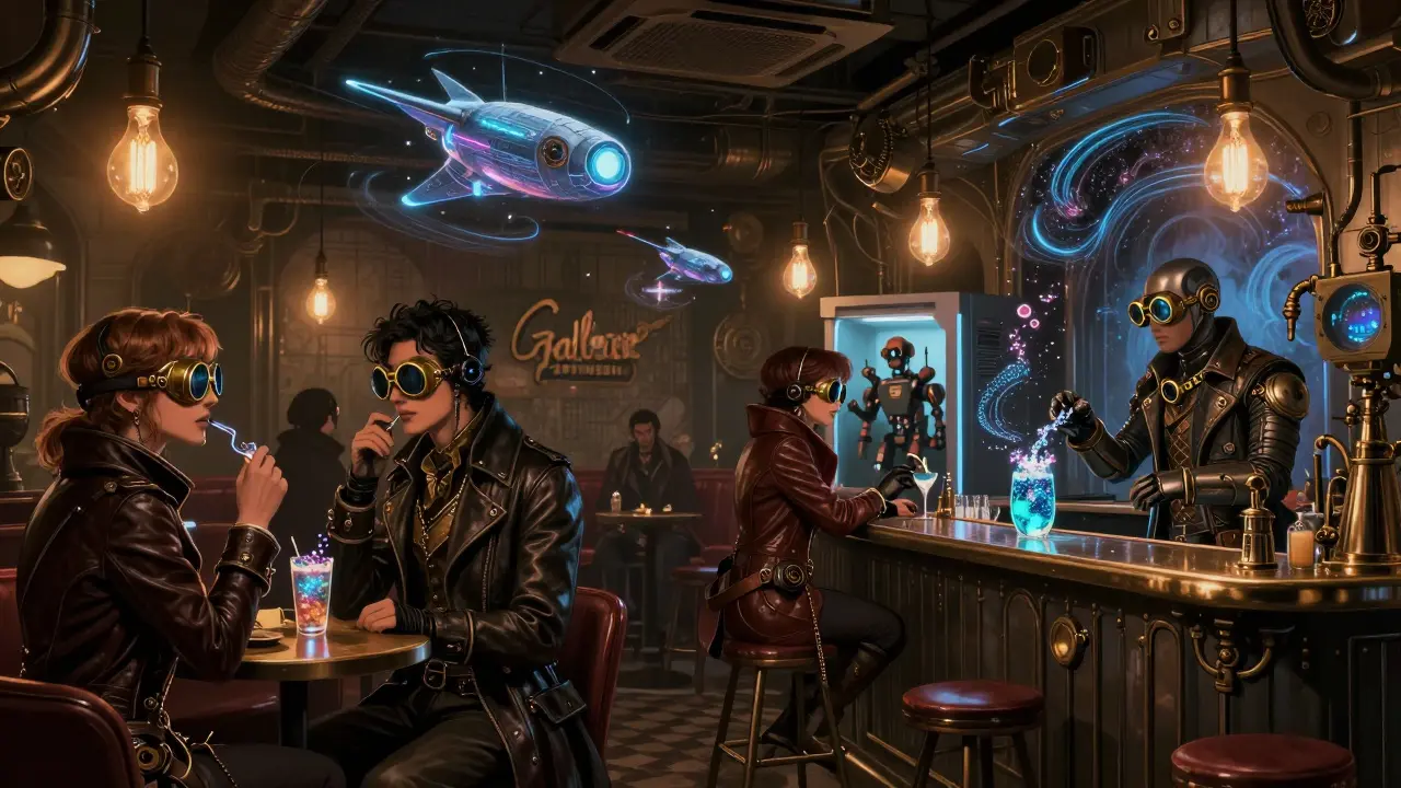 Steampunk and sci-fi costume party in a dimly lit lounge with holograms and Edison bulbs.