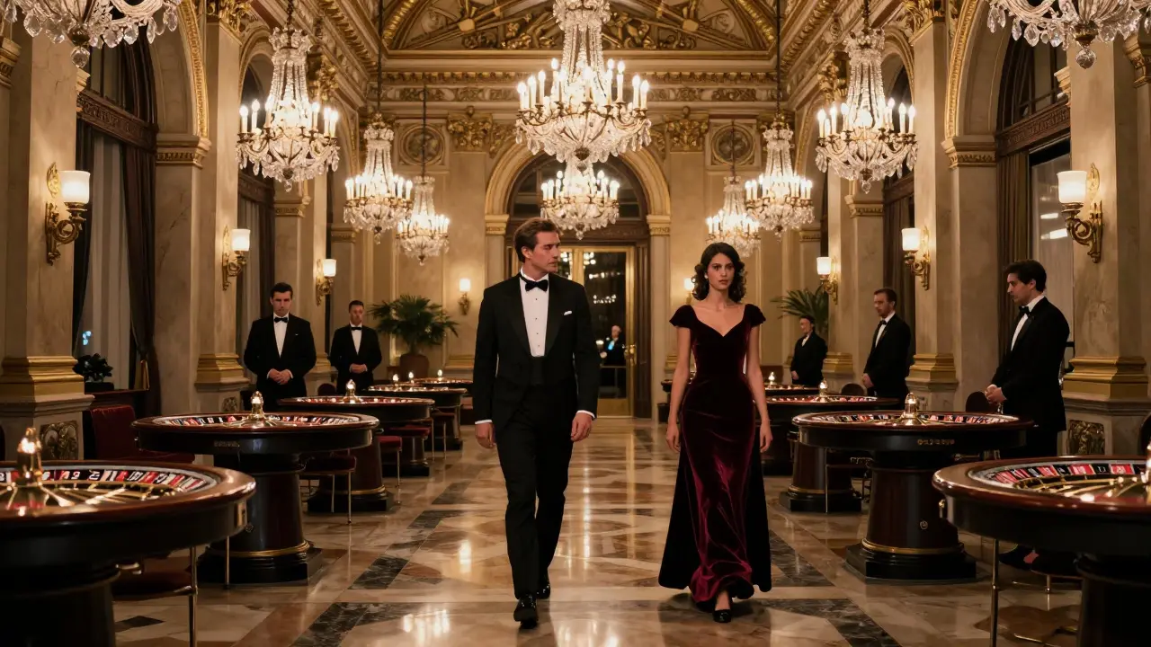 The grand interior of Monaco's casino with gilded ceilings and elegantly dressed visitors walking past roulette tables.