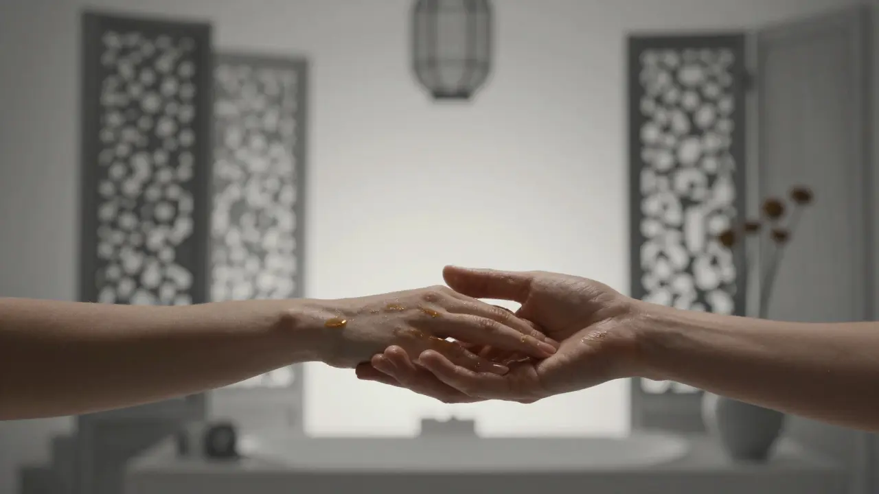 Two hands gently touching, oil glistening, symbolizing reconnection through silent, intentional touch.