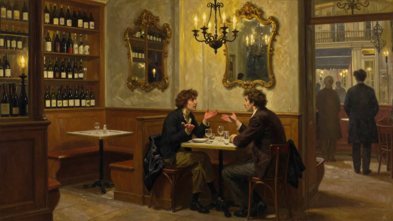 Two people conversing over wine in an old Parisian café with candlelight and antique decor.